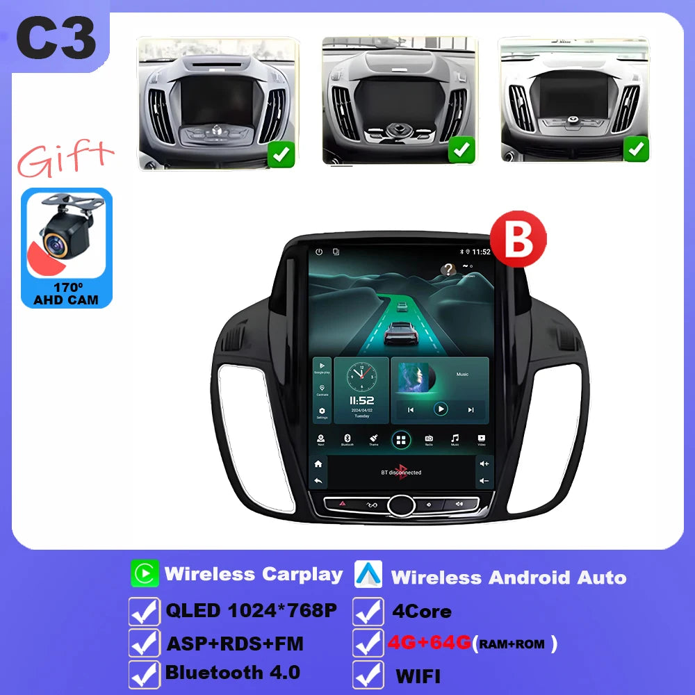Wireless Android 15 Carplay For Ford Kuga 2 Escape 3 2012-2019 9.7 Inch Tesla Style Car Multimedia Player 5G Wifi Touch Display