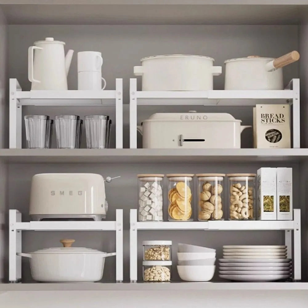 Layered Adjustable Kitchen Organizer Space Saving Expandable Countertop Pot Holder Easy To Install Non-slip
