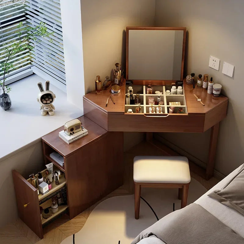 Corner Dressing Makeup Vanity Table with Mirror, Wood Vanity Set with Cabinet Retractable Dresser with Lots Storage for Bedroom