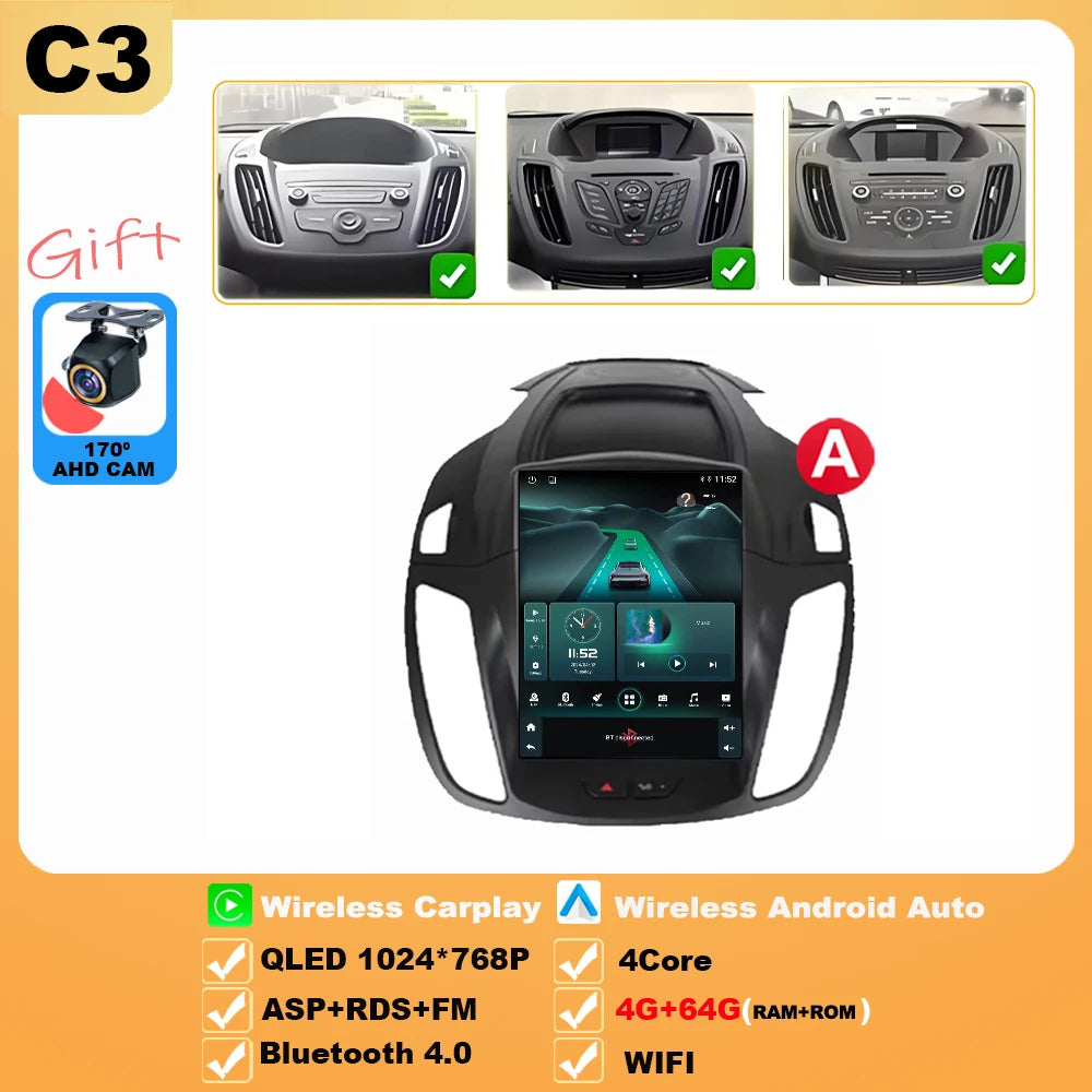 Wireless Android 15 Carplay For Ford Kuga 2 Escape 3 2012-2019 9.7 Inch Tesla Style Car Multimedia Player 5G Wifi Touch Display