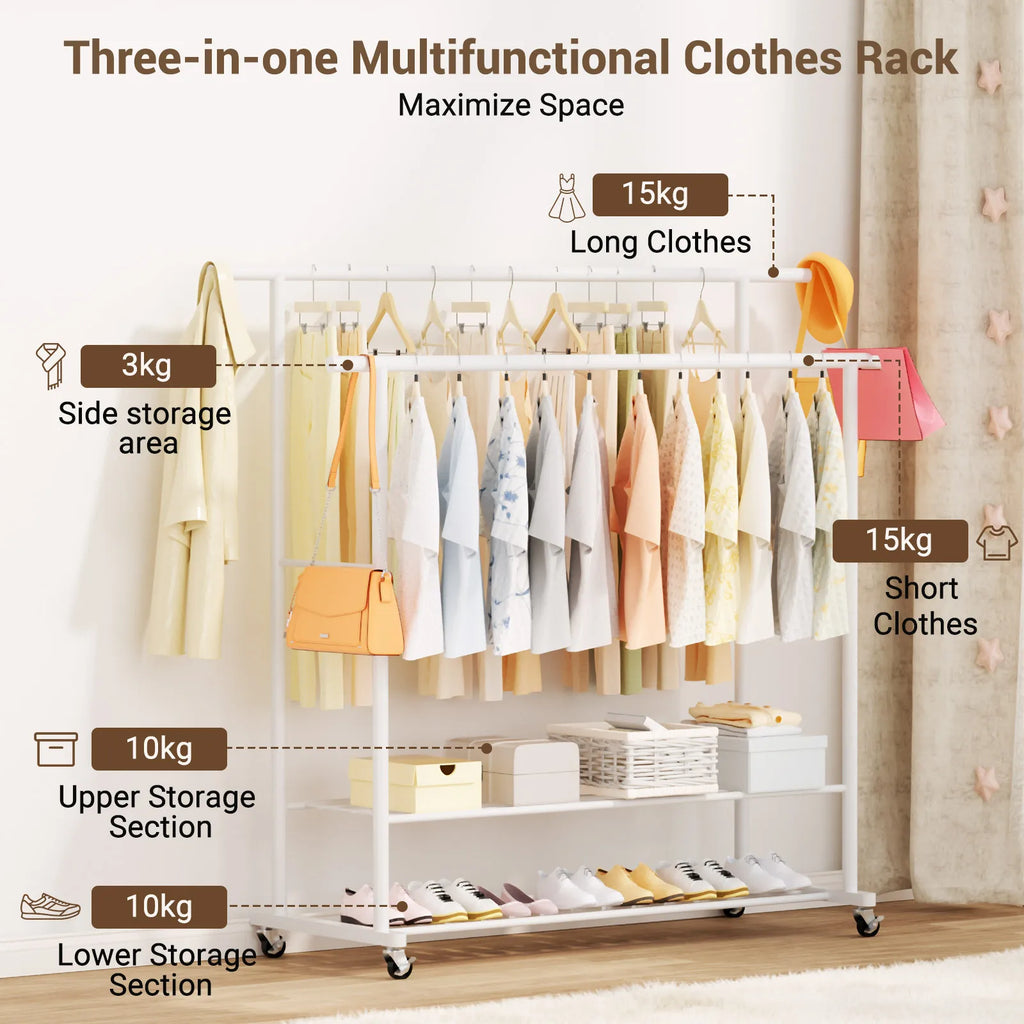 Loefme Wall Clothes Rack Double Rail Standing Clothes Rack Clothes Rail Shoe Rack Storage Shelf for Wardrobe Room Bedroom Living
