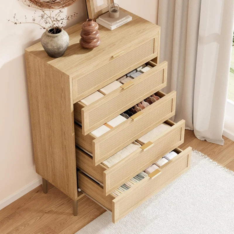 Rattan 5 Drawer Dresser, 44'' Tall Narrow Chest of Drawer, Farmhouse Wooden Vertical Dresser with Metal Legs and Hand