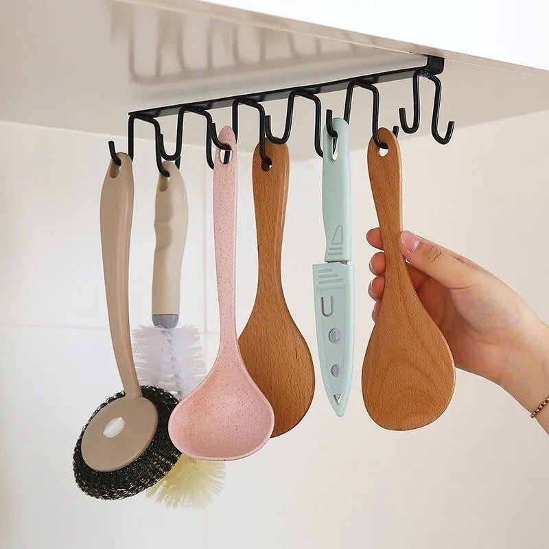Cabinet Storage Rack Multifunctional Wardrobe Organizing Rack 6/12 Hooks Kitchen Cup Holder No Punching Storage Rack Organizer