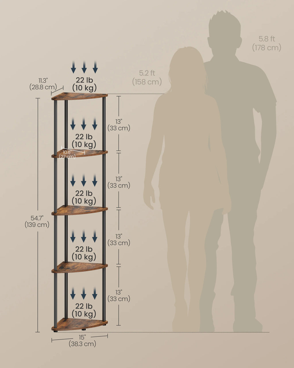 SONGMICS HOME Superfast Toolless Assembly, Corner Shelf Stand, 5-Tier Corner Standing Shelf, Living Room, Bedroom, Kitchen