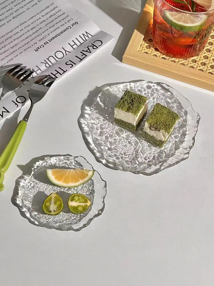 INS Glass Plates Decorative Trinket Glass Plate Japanese Sushi Platter Dessert Snack Plate Trinket Dish Teacup Mat Pad Food Tray