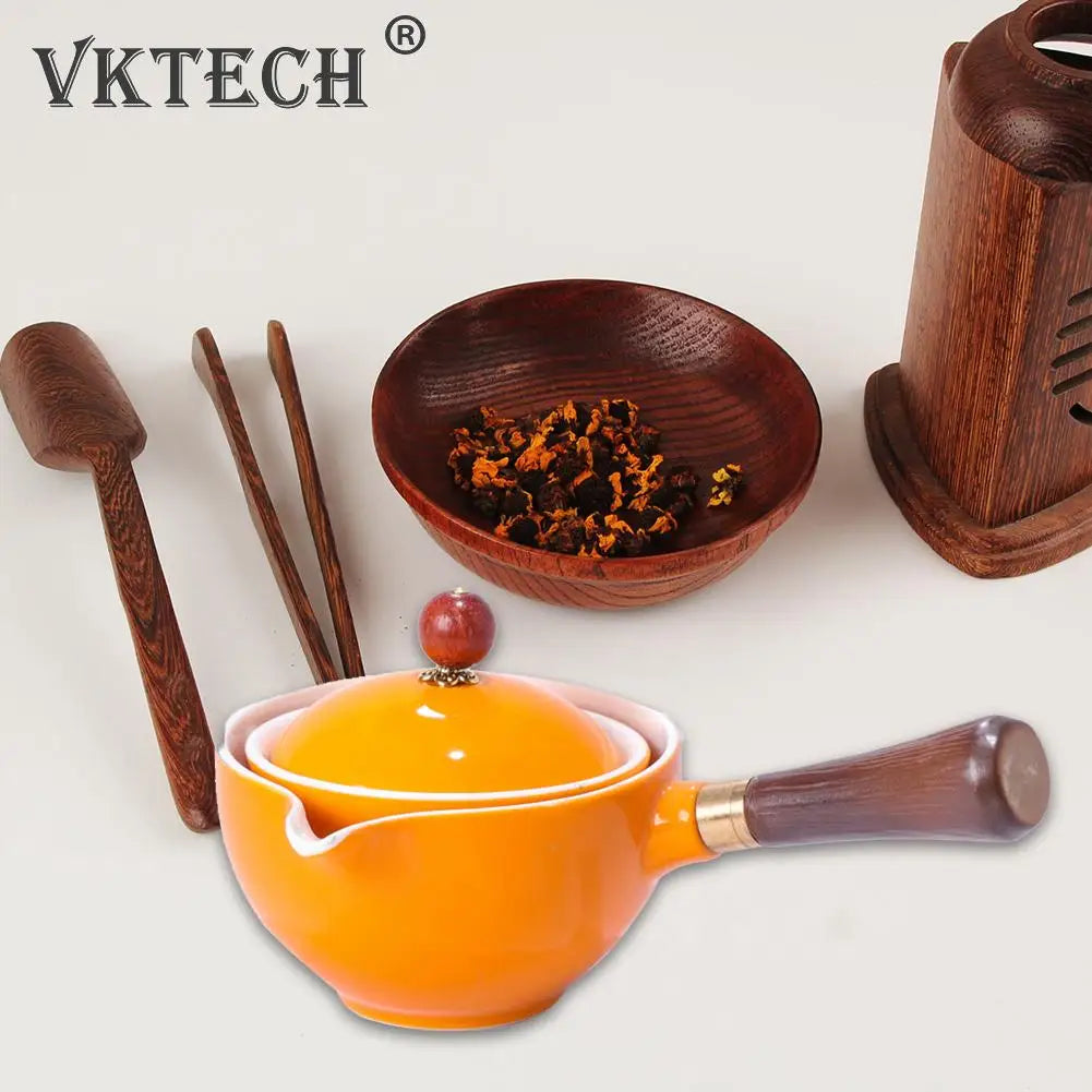 Portable Chinese Gongfu Kung Fu Tea Set 360 Rotating Teapot Ceramic Tea Maker Infuser Wooden Handle Pot Cup for Home Office