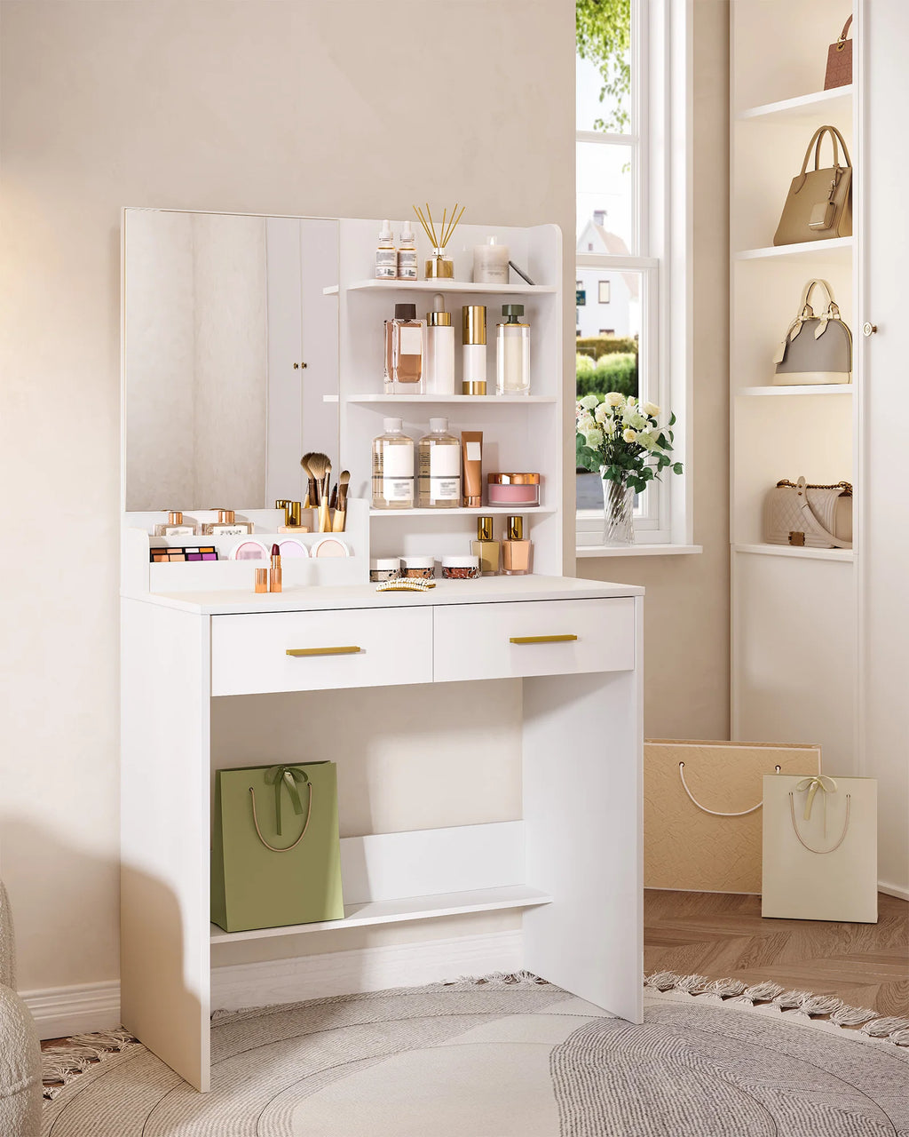 Dressing Table with Mirror, Vanity Unit with 4 Open Shelves and 2 Compartments, Dressing Table with 2 Drawers, for Bedroom, Livi