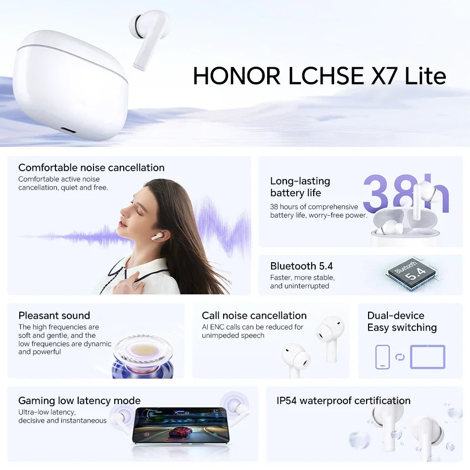Honor CHOICE LCHSE X7 Lite Active Noise Cancelling True Wireless Bluetooth Earphone 38H Low Latency Gaming TWS Earbuds IP54