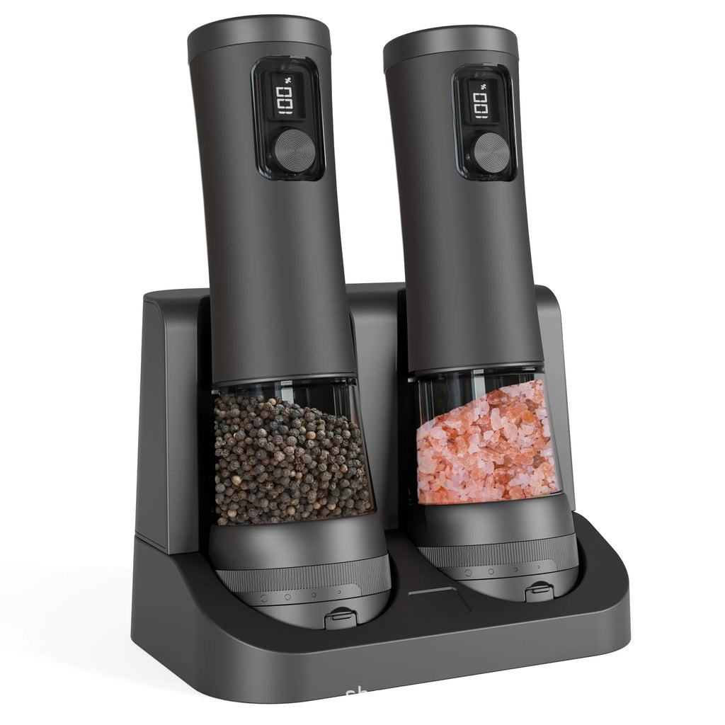 Electric Automatic Pepper and Salt Grinder Set with Rechargeable Base LED Electricity Indicator Adjustable Coarseness Kitchen