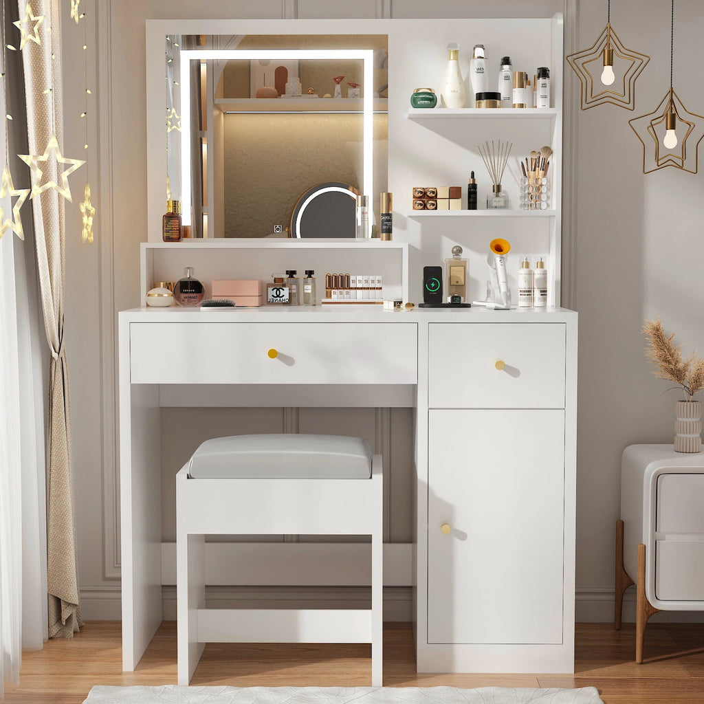 Vanity Desk with Mirror and Lights, LED Dressing Table with Vanity Chair Power Outlet, Lighted Makeup Vanity Desk with 2 Drawers