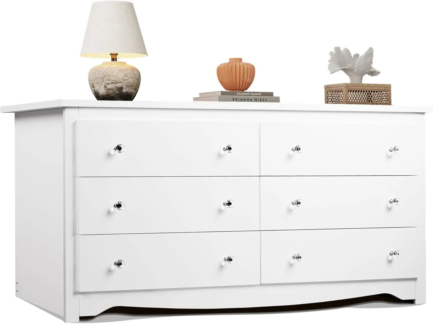 Wood White Dresser with 6 Drawer, Wide Chest of Drawers for Bedroom, Long Nightstand with Drawers