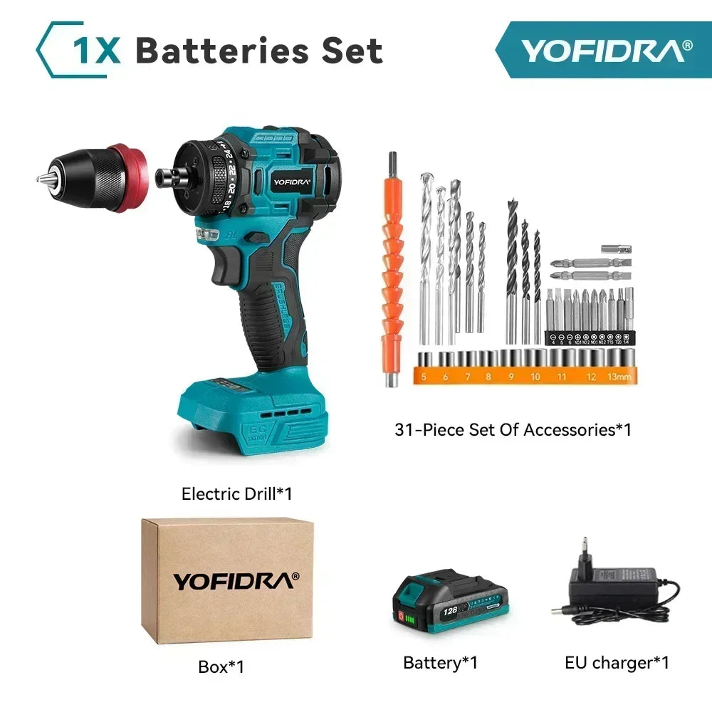 YOFIDRA 2 in1 Brushless Electric Screwdriver Hammer Cordless Drill Impact Multifunctional Power Tool For Makita 18V Battery Pin