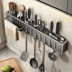 Multifunctional Wall-Mounted Kitchen Storage Rack, Heavy-Duty Carbon Steel Knife Holder, Knife Storage Rack with Hooks, No-Drill Installation, Home and Restaurant Storage for Knives, Cutlery, and Cutting Boards, Space-Saving