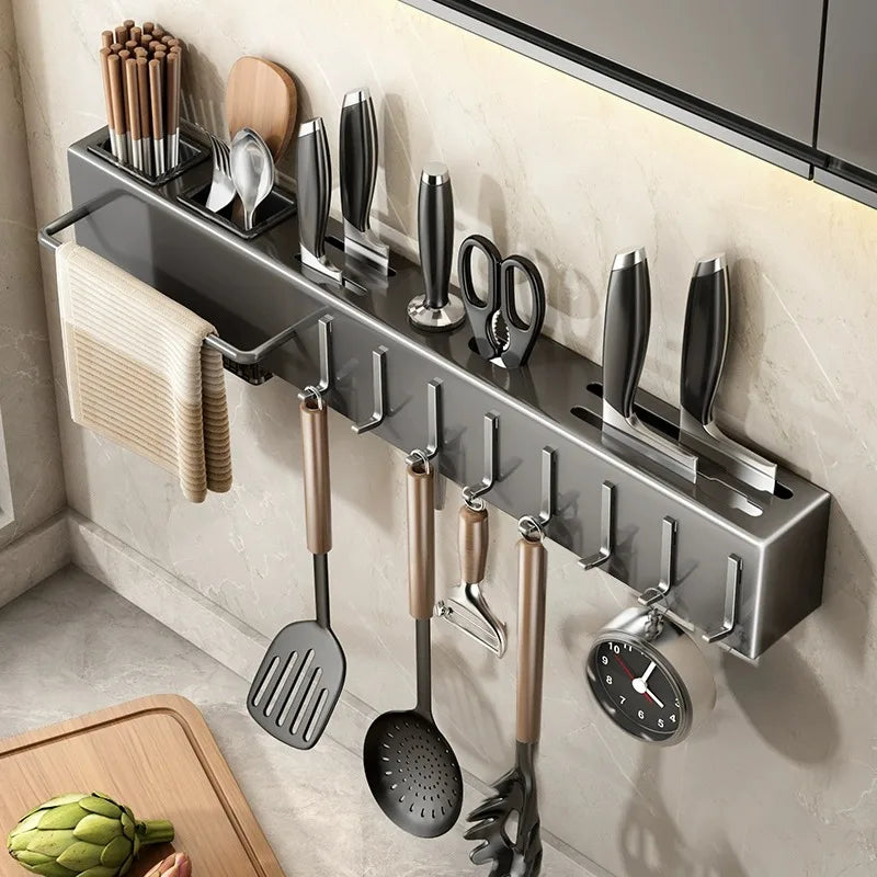 Multifunctional Wall-Mounted Kitchen Storage Rack, Heavy-Duty Carbon Steel Knife Holder, Knife Storage Rack with Hooks, No-Drill Installation, Home and Restaurant Storage for Knives, Cutlery, and Cutting Boards, Space-Saving