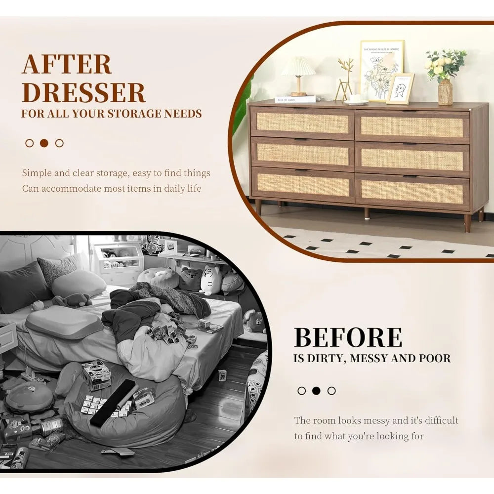 6 Drawer Double Dresser for Bedroom,Natural Rattan Modern Drawer Chest,Wooden Storage Wardrobe Dresser with Black Handles,Floor