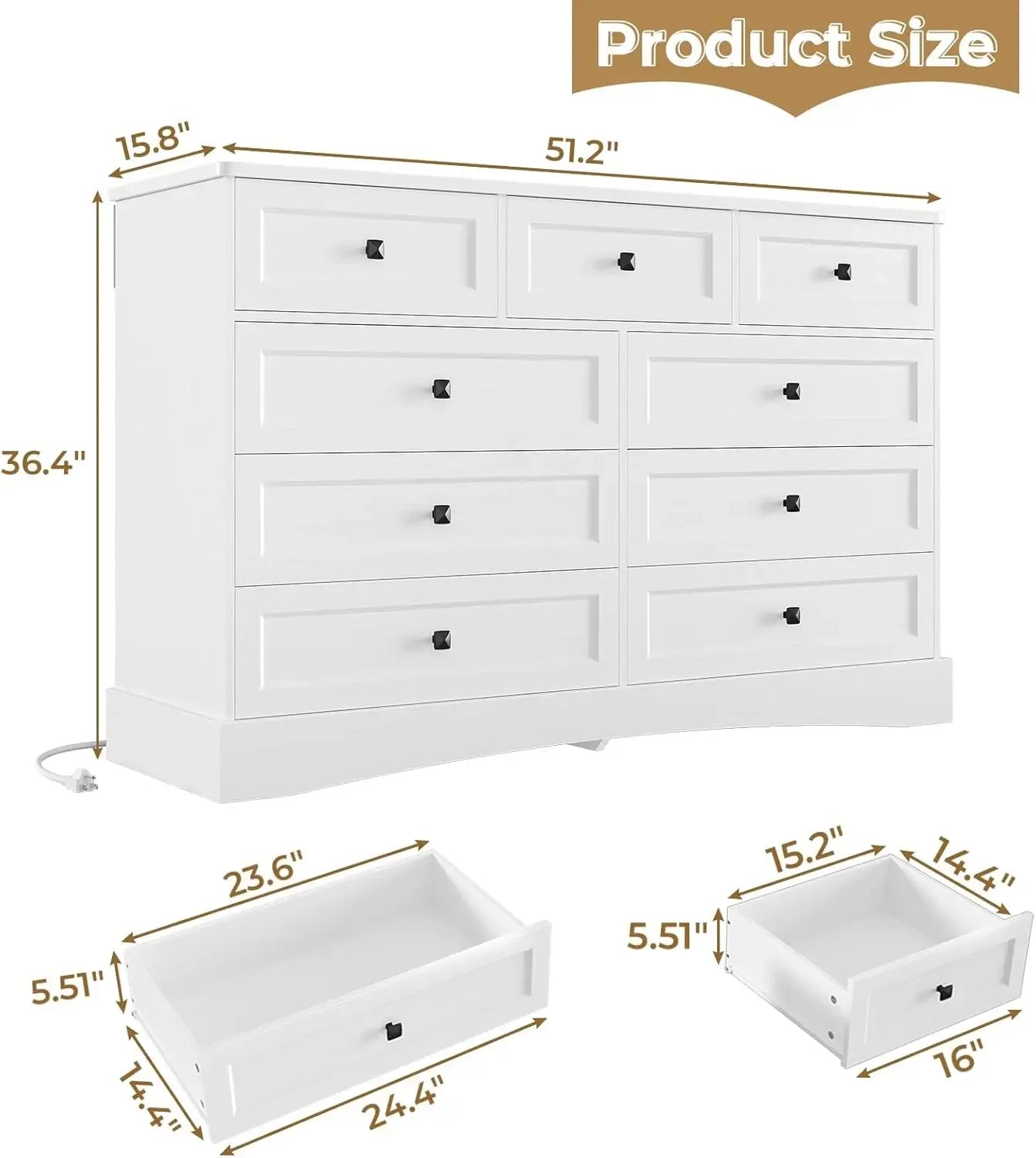 White Bedroom Dresser, 51.2" Large  Charging Station, Wide  , Wooden Tower Organizer Dresser for Bedroom, Living Room