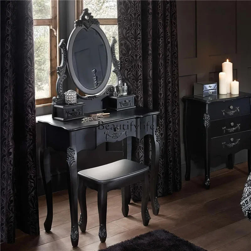 *retro dresser classic black solid wood bedroom princess makeup table American light luxury engraving