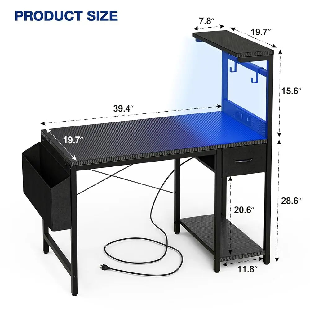 Gaming Desk 40 H With Power Outlet And Led Light, Computer Desk With Reversible Shelves And Storage Drawer, Pc Small Desk For