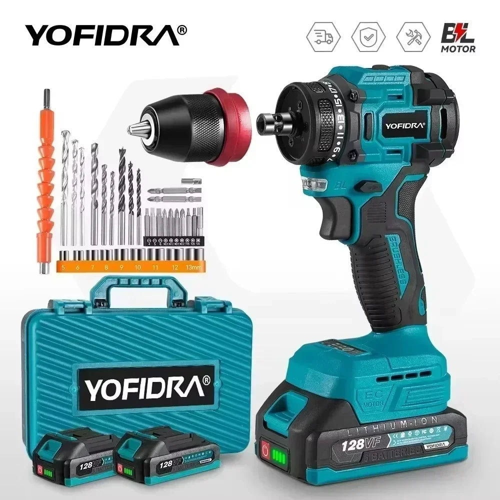 YOFIDRA 2 in1 Brushless Electric Screwdriver Hammer Cordless Drill Impact Multifunctional Power Tool For Makita 18V Battery Pin