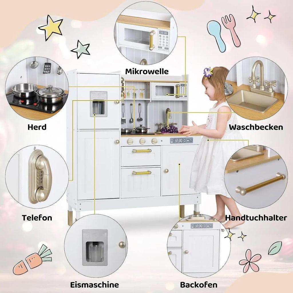 Children's Wooden Kitchen Toy for Children Play Kitchen with Simulated Light and Sound Effects, Doll Kitchen with Accessories