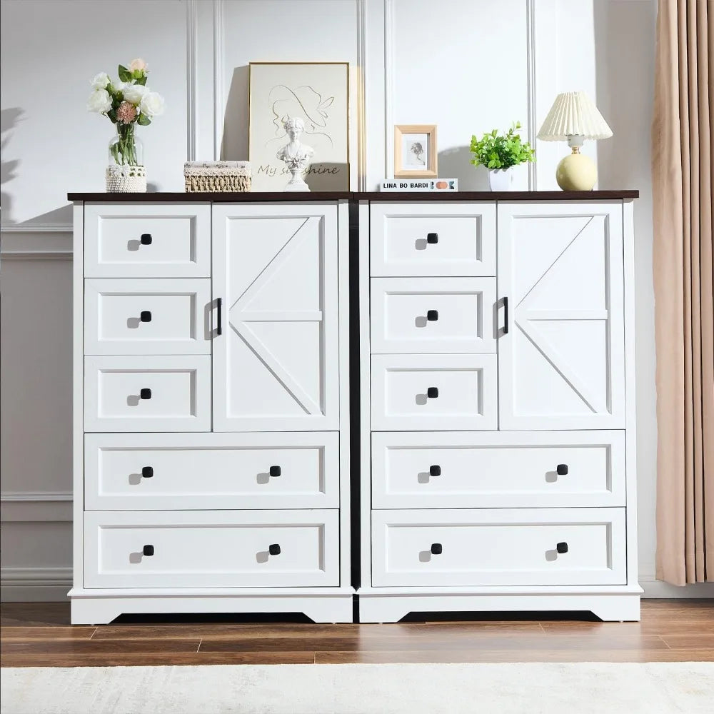 White Dresser for Bedroom, 5 Drawers Farmhouse Wood Dresser with Double Storage Cabinet, 48 Inches Tall Chest of Drawers for Be