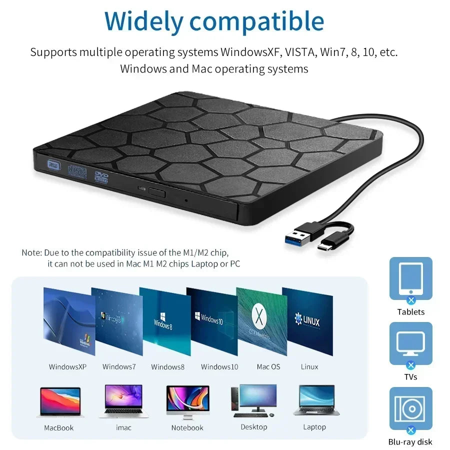 USB 3.0 Type-C CD Player DVD Burner 2-in-1 External Optical Drives Portable CD-RW DVD-ROM Writer Reader Recorder for PC Desktop