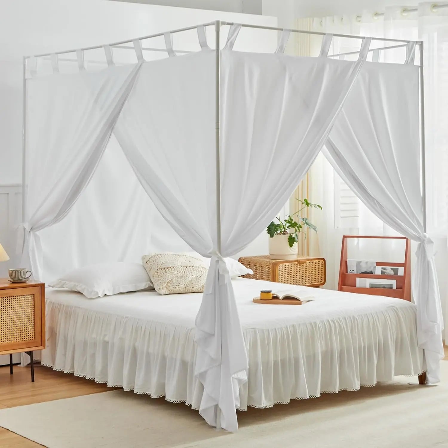 White Canopy Bed Ains With Top Ties And Tie Bas For Bedroom Decoration - Queen Size Bed Ains With Windproof And Lightproof