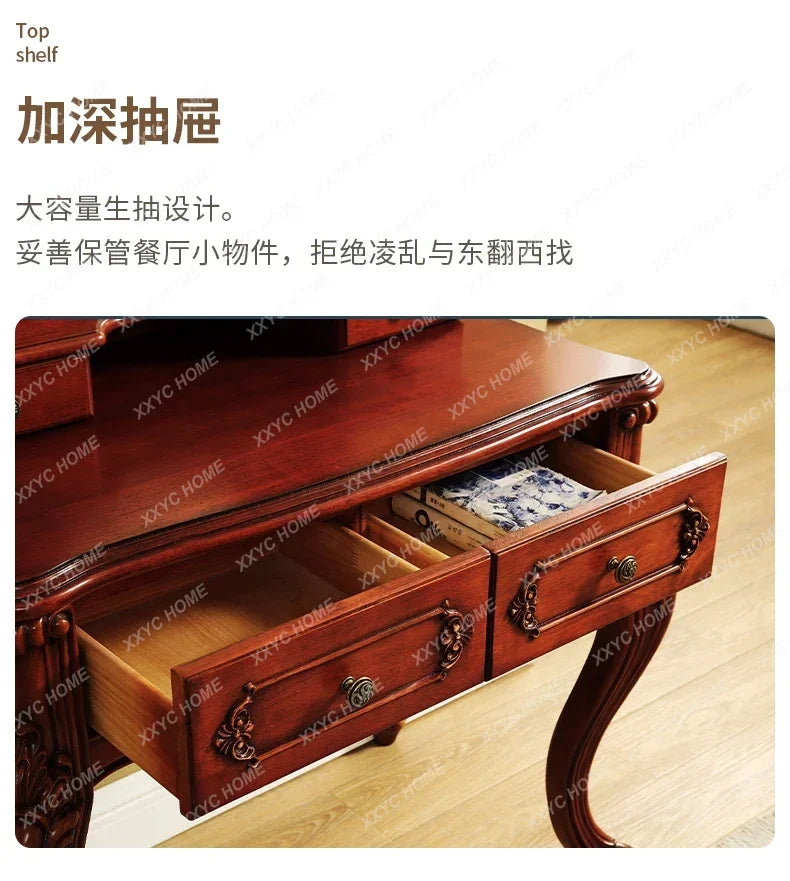 American all-solid wood dresser European retro carved dresser with mirror