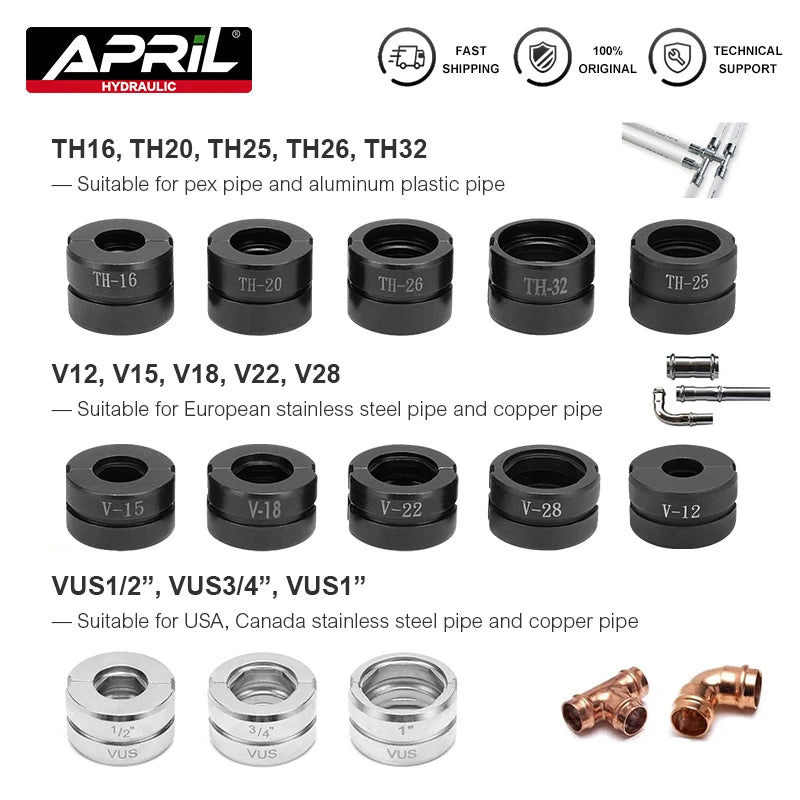 Kinds of Hydraulic Pipe Crimping Moulds TH, U Pipe Dies for Pex Fittings and V, M, VAU, VUS Pipe Dies for Copper Fittings