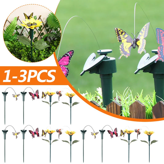 1-3PCS Solar Powered Flying Wobble Butterfly Ornament Durable Garden Dancing Fluttering Butterfly Humming Bird Stake Lawn Decor