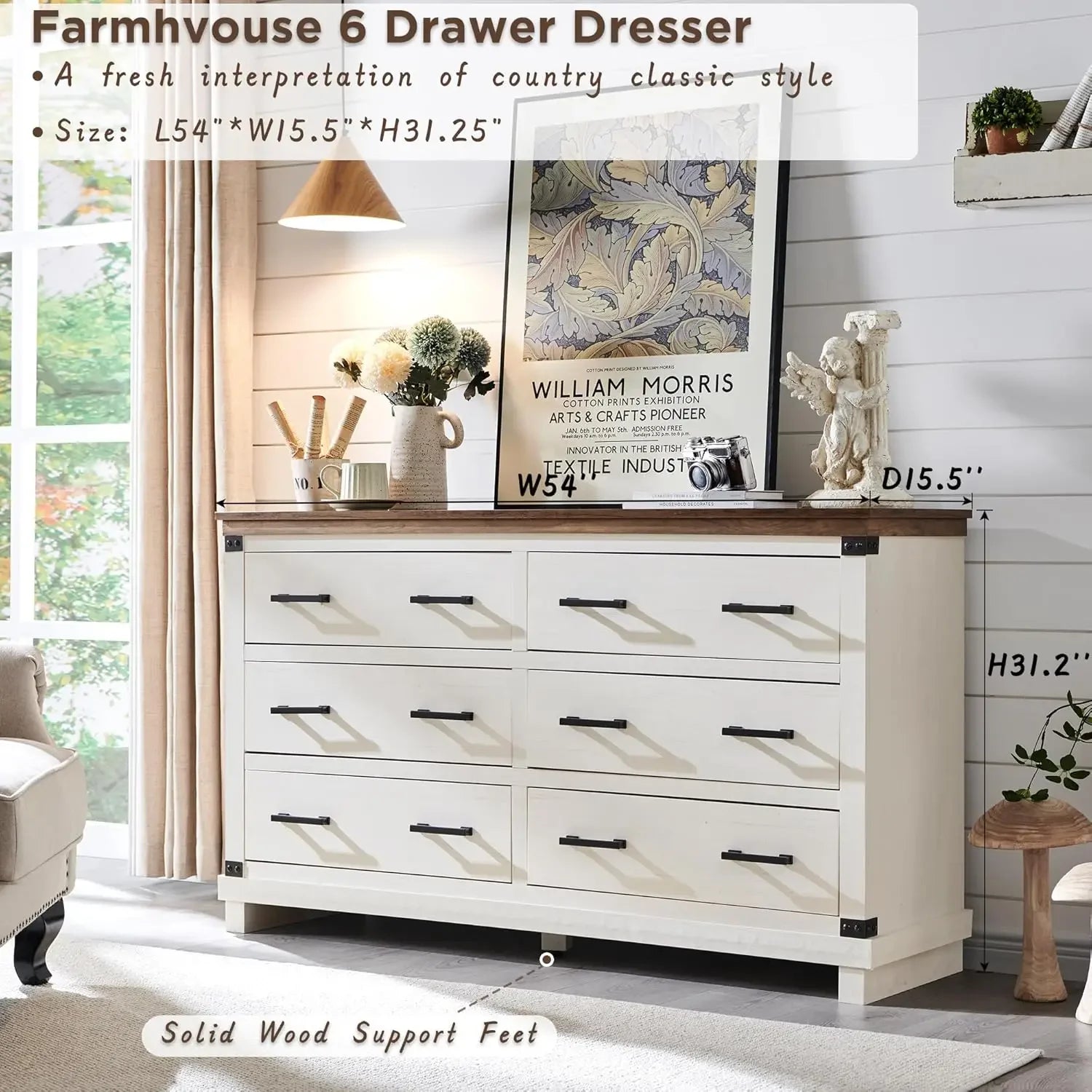 Farmhouse  Dresser, Wood Large Chest, Rustic Closet Dresser for Bedroom or Living Room, Antique White Color