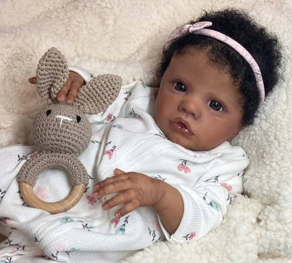 NPK 48cm Lifelike Reborn Baby Doll Dark Skin Primrose Awake with Multi-Layer Painting And Similar Outfit Collectible Doll