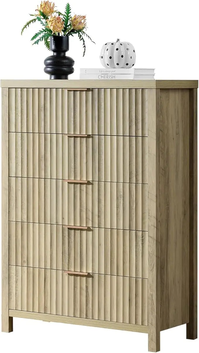 5 Drawers Dresser for Bedroom, 44 Inches Tall Modern Bedroom Dressers, Chest of Drawers for Bedroom, Fluted Dresser for Closet O