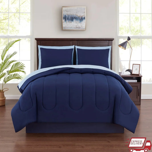 7 Piece Reversible Bed in a Bag Comforter Set with Sheets Pillowcases Shams Fitted Flat Queen Size Machine Washable Polyester