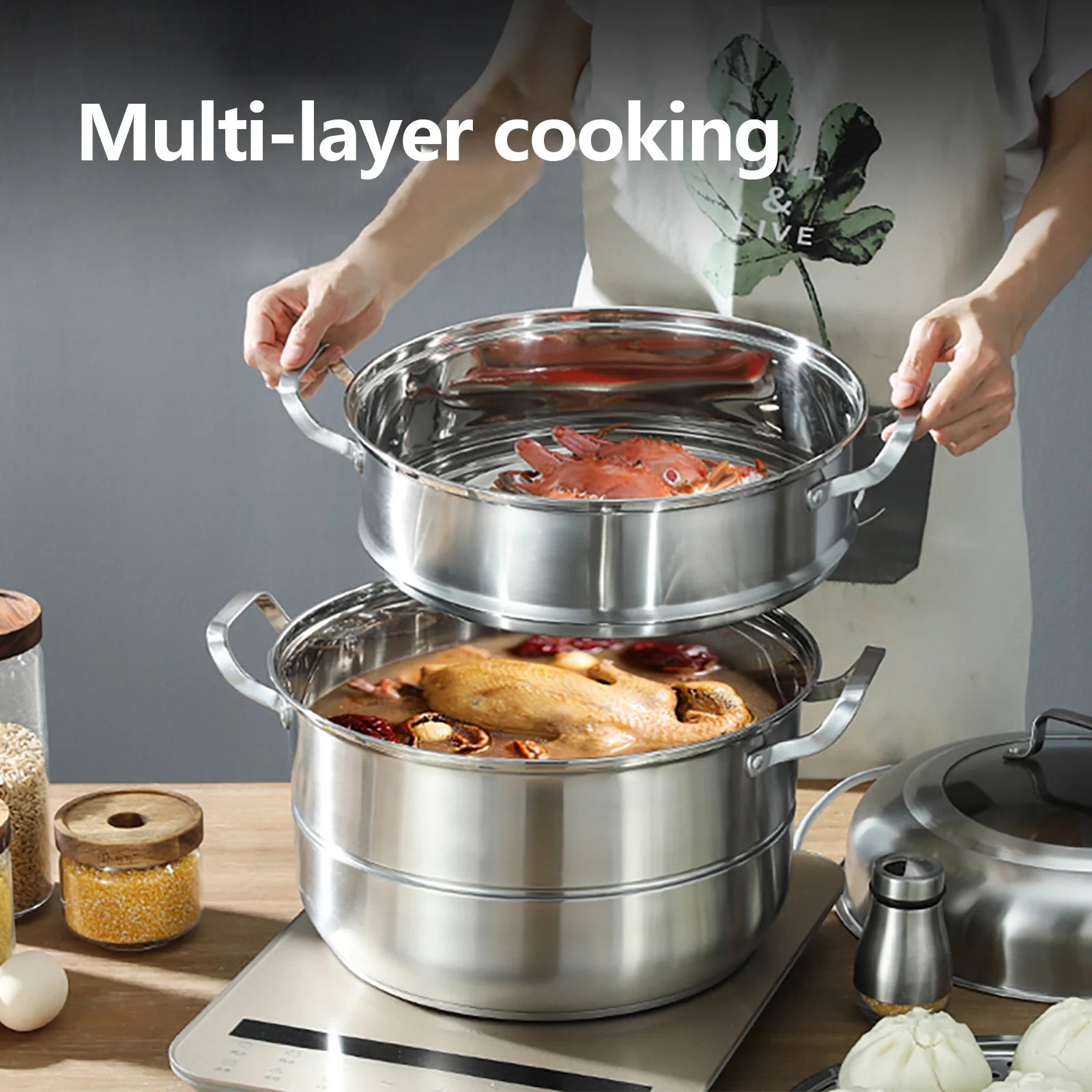 304 Thickened Stainless Steel Steamer, 32cm 5-Layer Stackable Universal Cooking Pot with Lid for Induction and Gas Cooker