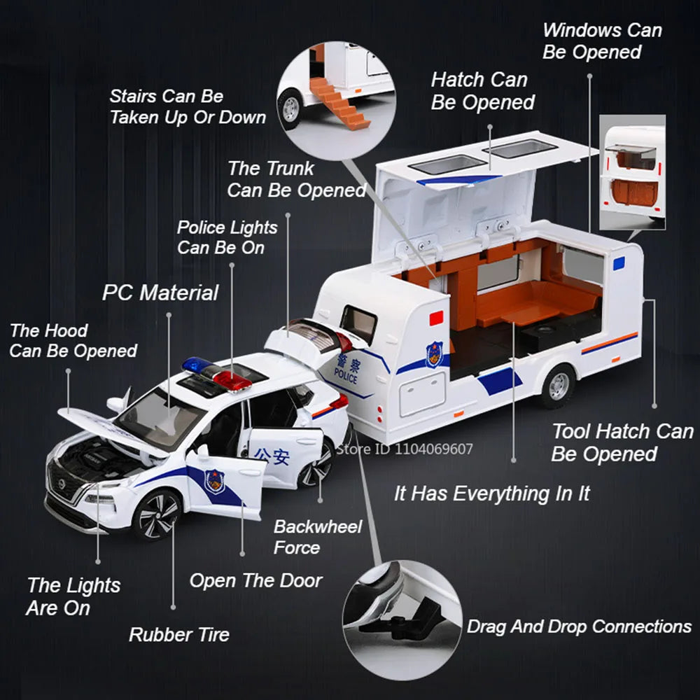 1:32 X-TRAIL Toy Model Cars Alloy Diecast Police Car Pull Back Doors Opened Sound Light Rubber Tires Camping RV Gifts for Boys