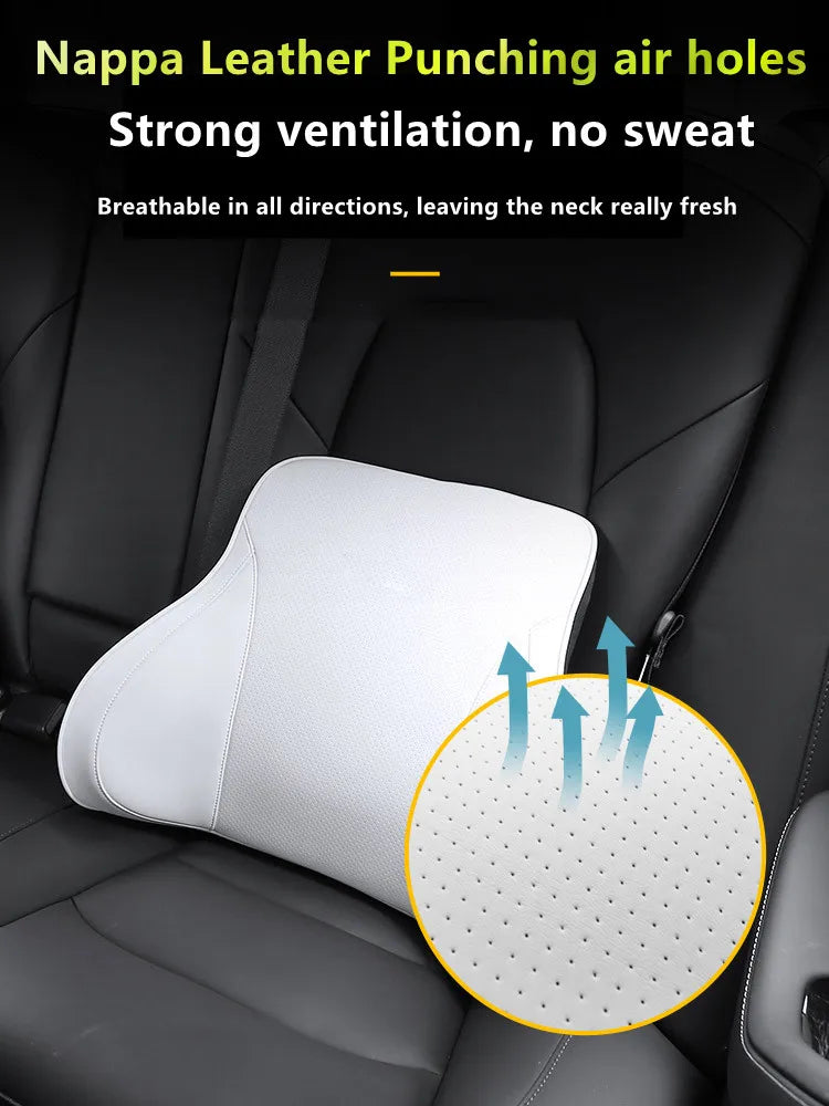 Nappa Leather Memory Cotton Headrest Car Seat Lumbar Bolster Tender Neck Pillow For Tesla Model 3 / Y / X S Interior Accessories