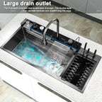 New Stainless Steel Waterfall Kitchen Sink Embossed Extra Large Single Slot Digital Display Dishwashing Sinks With Draining Rack