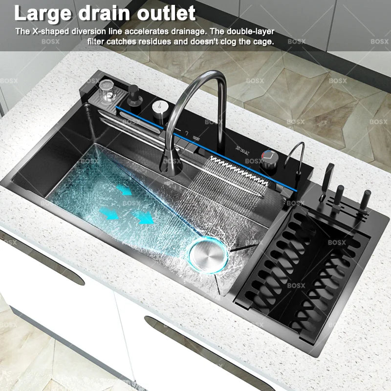 New Stainless Steel Waterfall Kitchen Sink Embossed Extra Large Single Slot Digital Display Dishwashing Sinks With Draining Rack