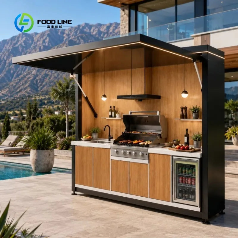 Customized Modular Aluminum Alloy Outdoor Kitchen Shed with Weatherproof Stainless Countertop Sink Modern Design Remote Control