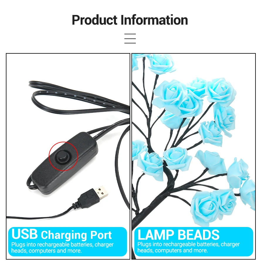 LED Rose Tree Desk Lamp USB Powered Artificial Flower Night Light Bedroom Living Room Party Wedding Valentine's Day Decoration