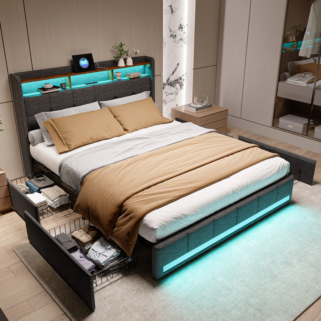 Creahappy Twin Bed Frame - Upholstered bed in grey - With USB charging port - With LED lighting - Storage drawers on both sides