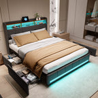 Creahappy Twin Bed Frame - Upholstered bed in grey - With USB charging port - With LED lighting - Storage drawers on both sides