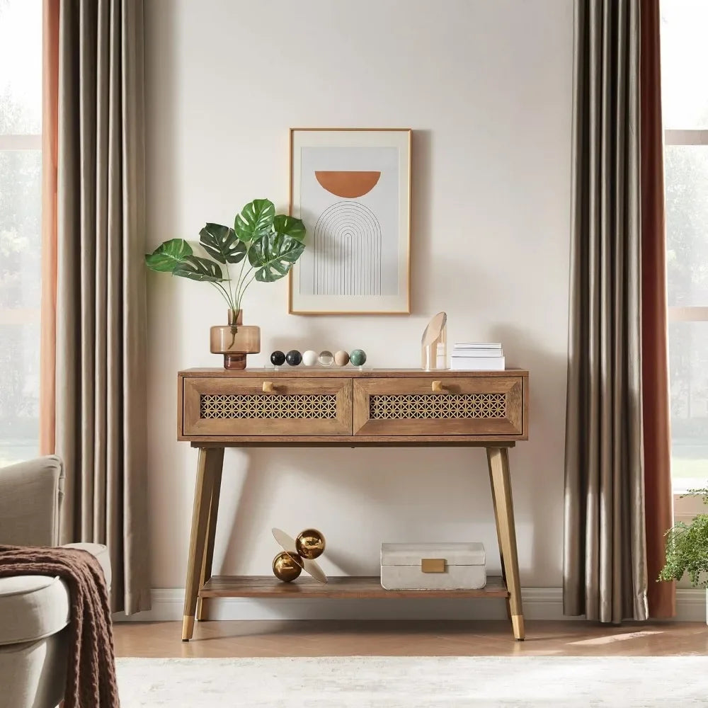 Mid Century Modern Console Table with 2 Drawers and Open Shelf, Narrow Wood Entryway Table for Living Room, Hallway,Bedroom