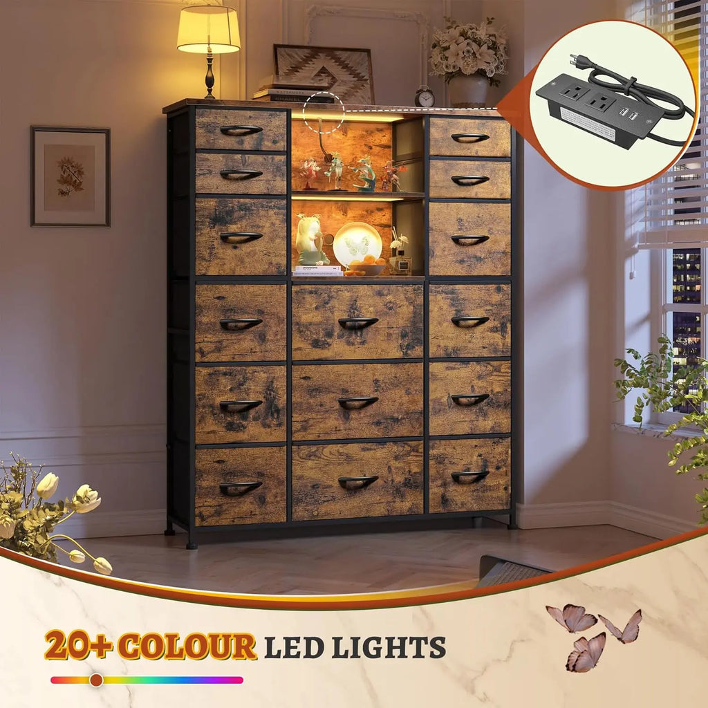 51"H Tall Dresser with 15 Drawers Dresser for Bedroom with Charging Station & LED Lights & Hutch Sturdy Fabric Bedroom Dressers