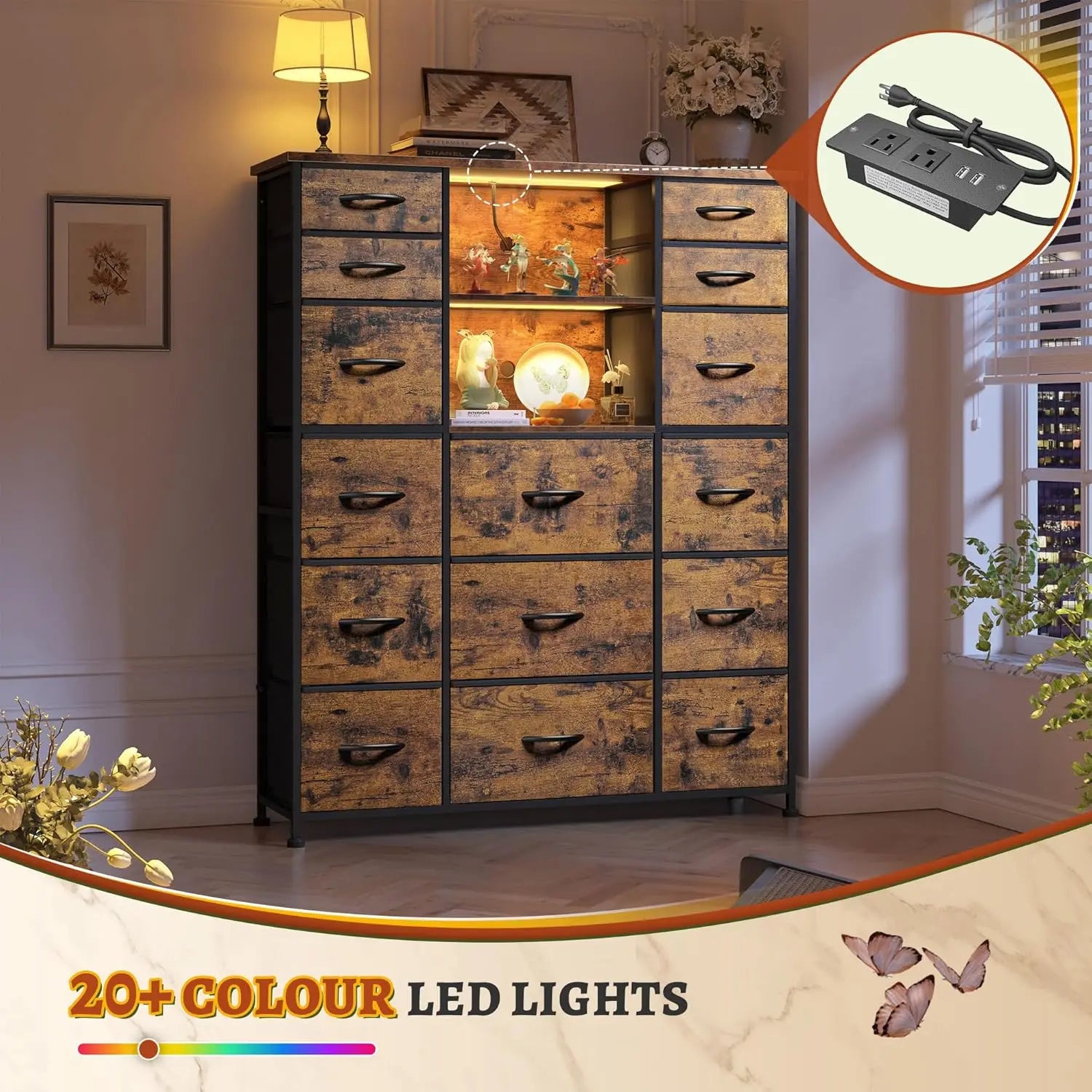 51"H Tall Dresser with 15 Drawers Dresser for Bedroom with Charging Station & LED Lights & Hutch Sturdy Fabric Bedroom Dressers