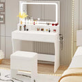 LIKIMIO Vanity Desk with LED Lighted Mirror & Power Outlet, Dressing Makeup Table Set with Storage Stool and Hair Dryer Stand