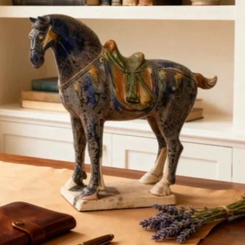 Tang Sancai Blue Glazed War Horse Home Decor Ancient Porcelain Imitation Unearthed Museum Decoration Sculptures Figurines