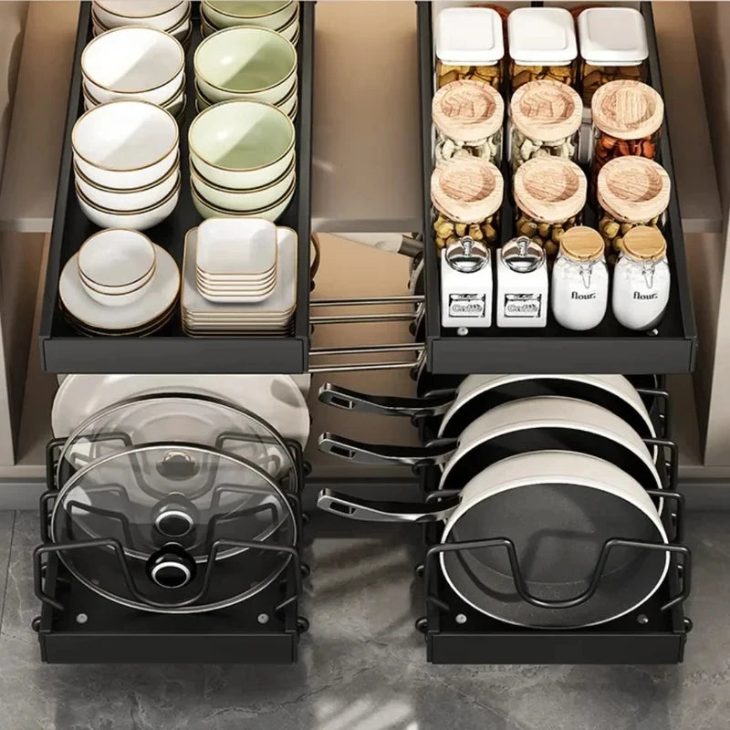 Kitchen Cabinet Pull Out Tray Organizer Adjustable Dish Rack Slide Rails Pots Pans Storage Holder