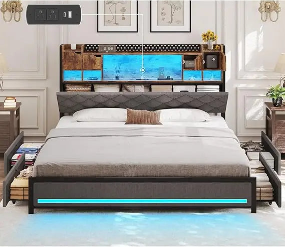 Queen Bed Frame with 4 Drawers and Hidden Storage Headboard,LED Bed Frame with Marshmallow Storage and Charging Station,Light up